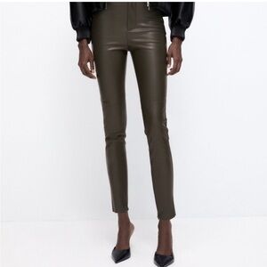 Zara High Rise Legging Olive Green Faux Leather Pants Size S Blogger Favorite